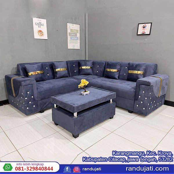 SOFA SUDUT TANGAN BERLIAN NAVY KAIN MIDILI